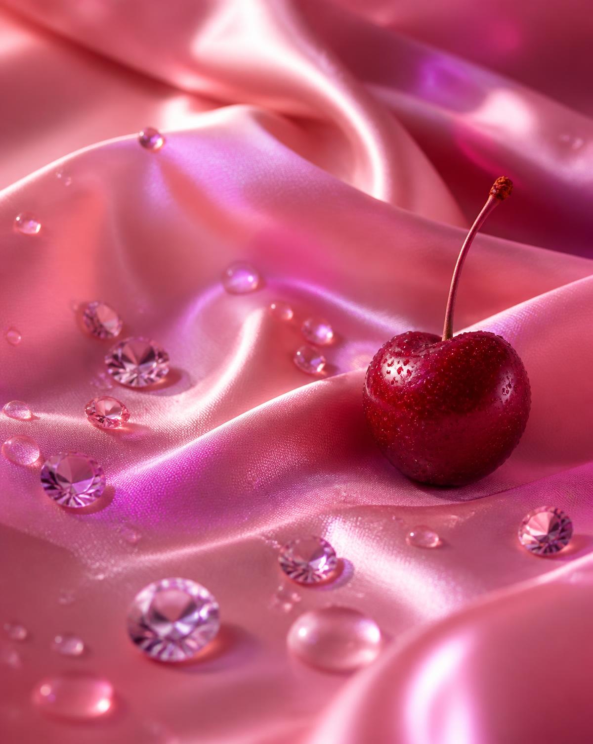 A single cherry and scattered crystals resting on rose-pink silk