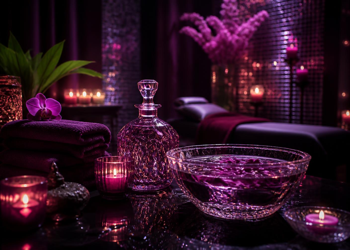 Private suite glowing in candlelight with crystal glassware and orchids