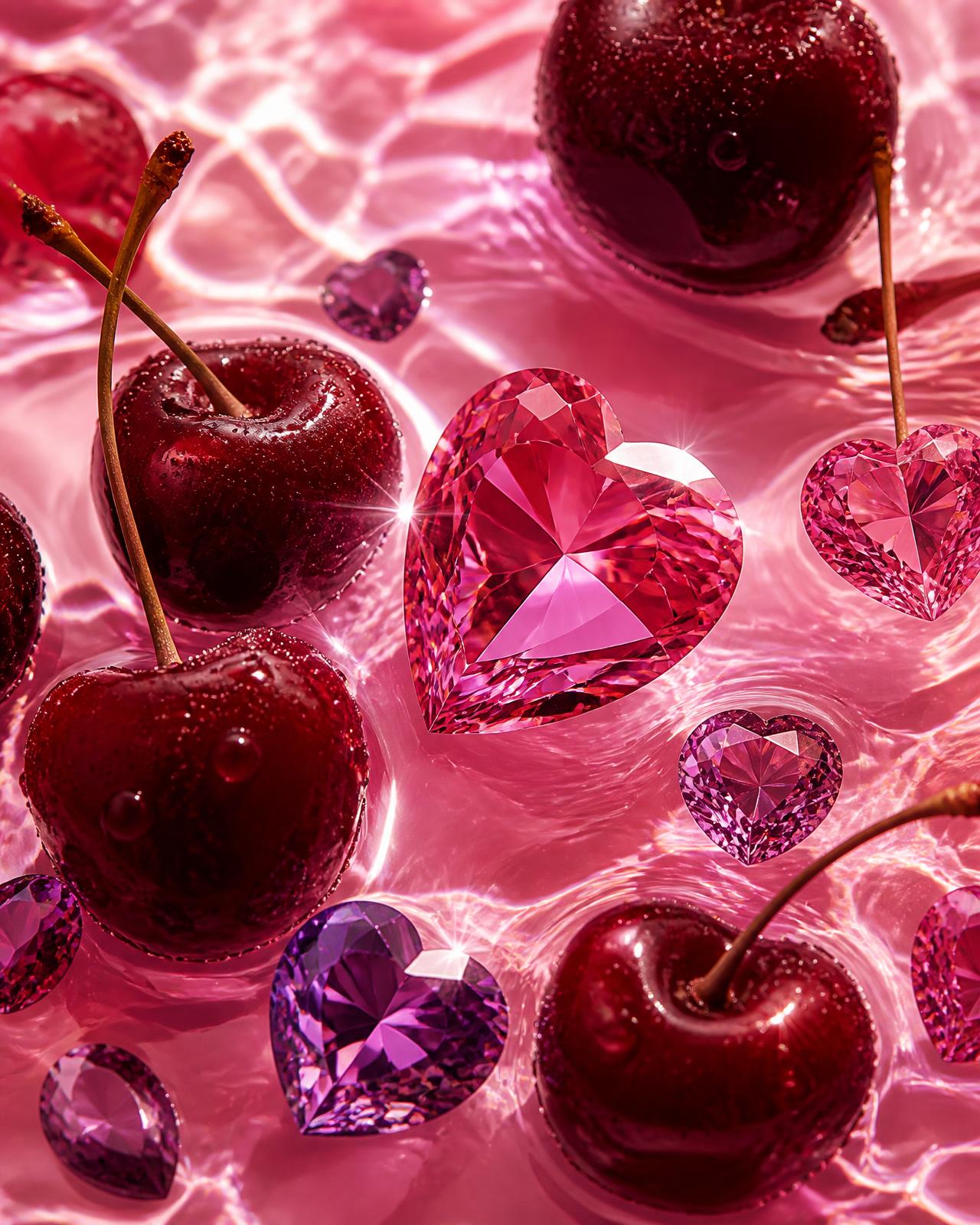 Faceted pink heart gemstones and glossy cherries in shimmering rose water